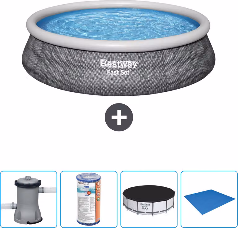 Piscina gonfiabile rotonda Bestway - stampa rattan - 457 x 84 cm - inclusa pompa - filtro - copertura - telo di fondo