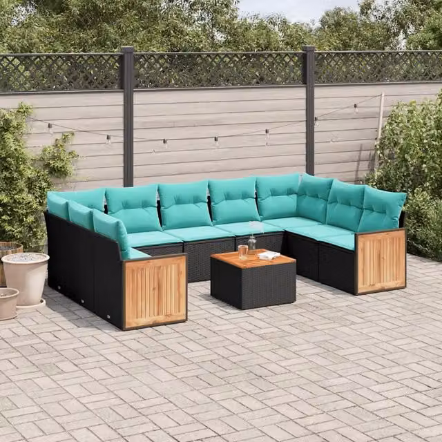 Set da giardino vidaXL in polyrattan nero con cuscini e tavolino da esterno a forma di U