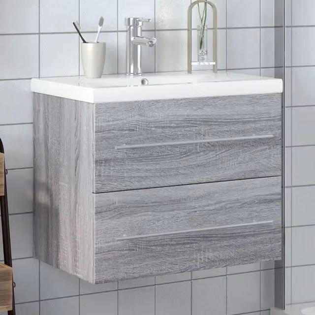 Mobile da bagno moderno sospeso vidaXL con lavabo in ceramica, colore grigio e bianco