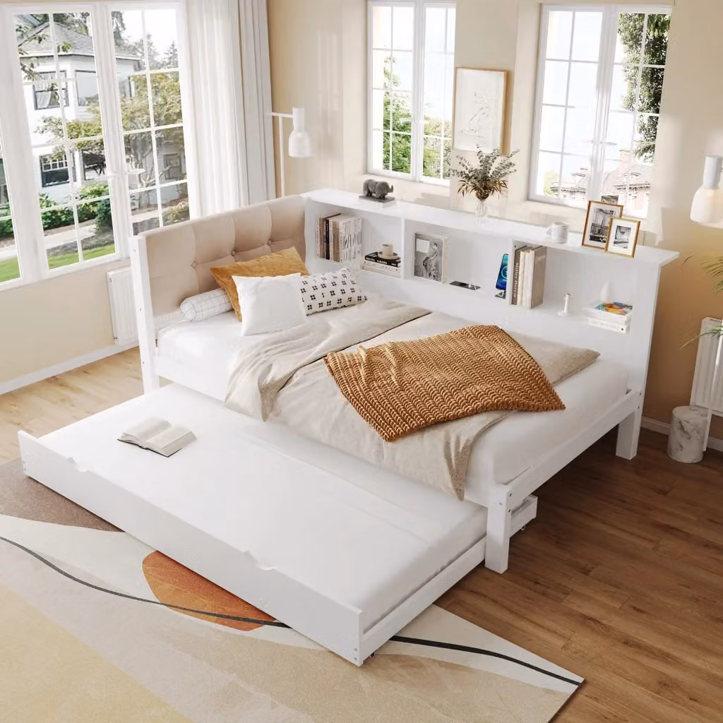 Letto Singolo Moderno con Letto Estraibile, Porte USB, Luci LED e Mensole in Legno Bianco, L/P/H: 90 x 200 x 114,8 cm – 2