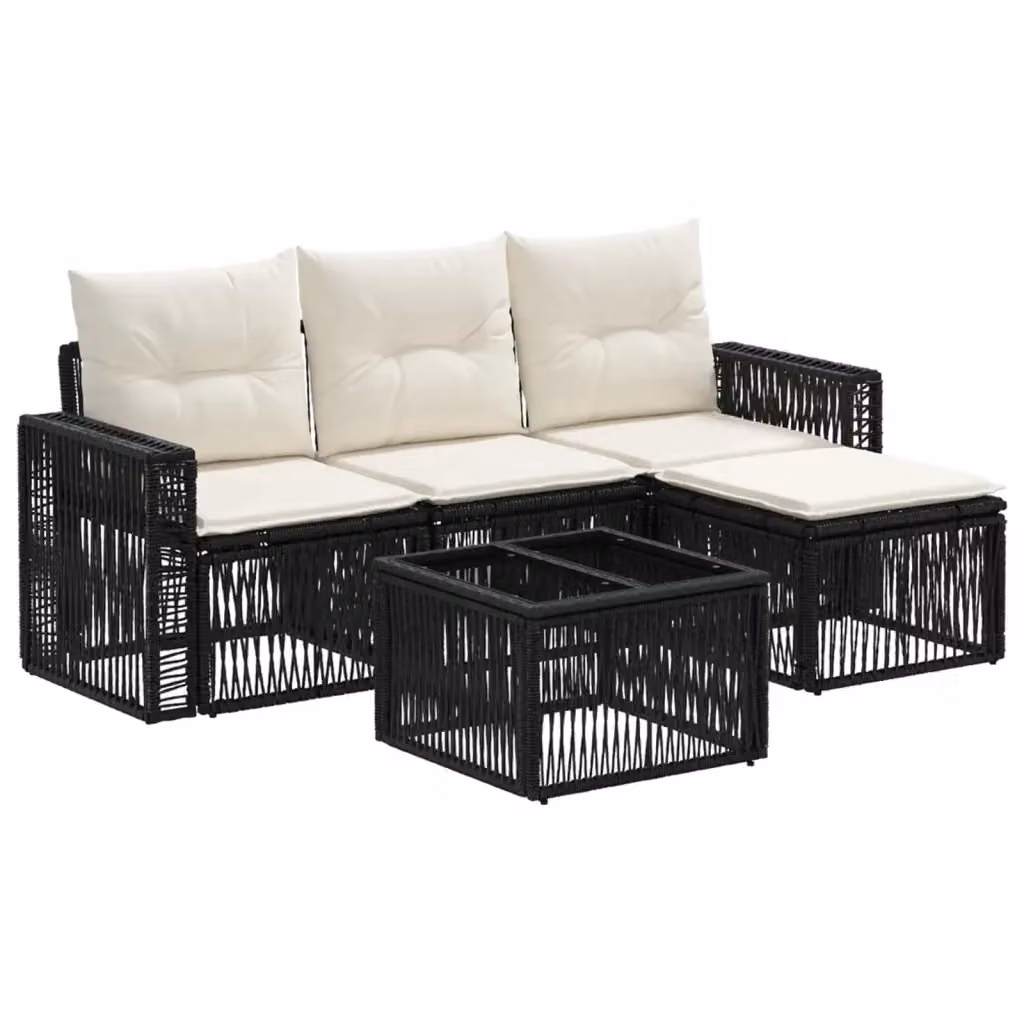 Set Divano da Giardino a L vidaXL 5 Pezzi con Poltrona, Tavolino e Pouf in Polyrattan Nero e Bianco Crema – 2