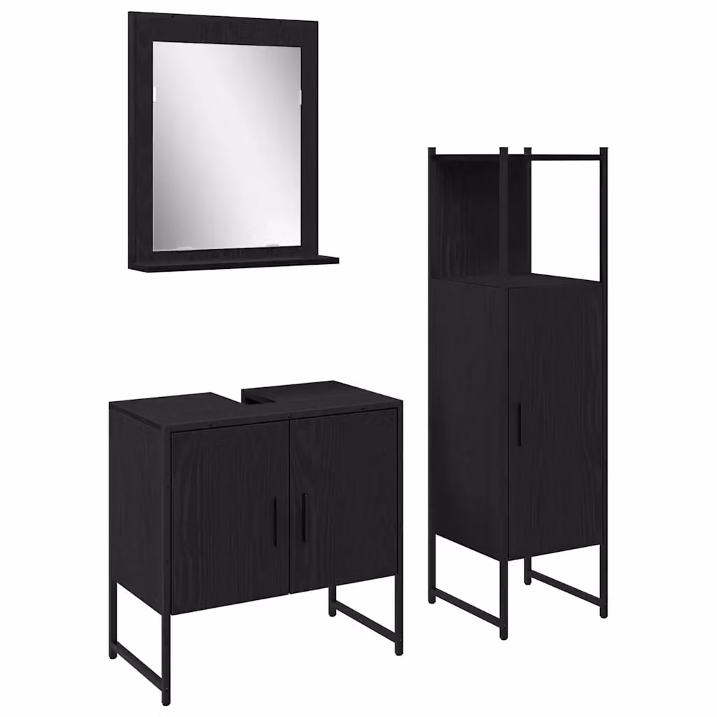 Set di mobili per il bagno moderno vidaXL in legno nero opaco composto da 3 pezzi: mobile lavabo, armadietto con specchio e pensile a parete – 2