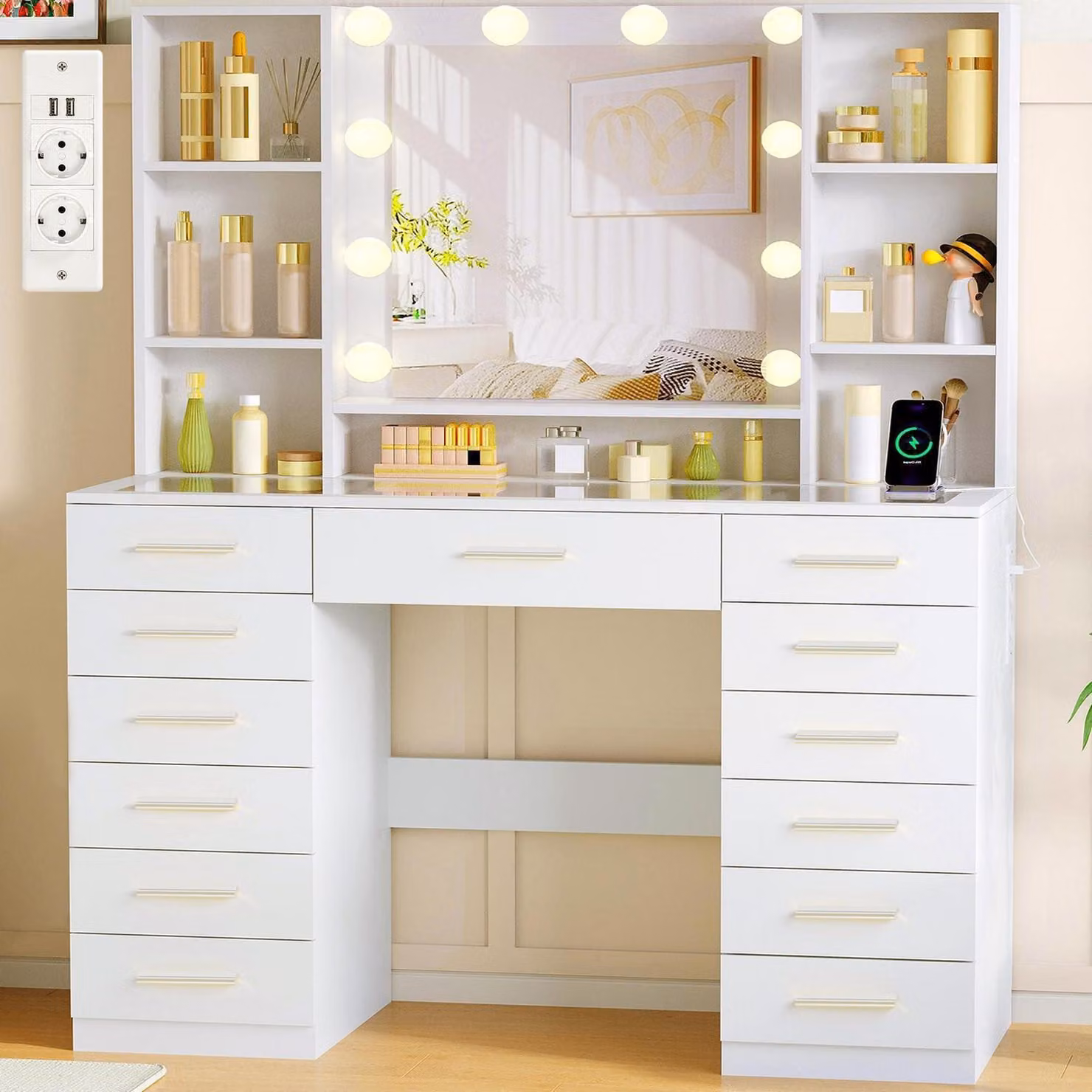 Comò da trucco con illuminazione a LED, specchio, prese di corrente, piano in vetro, 13 cassetti, 7 ripiani, colore bianco