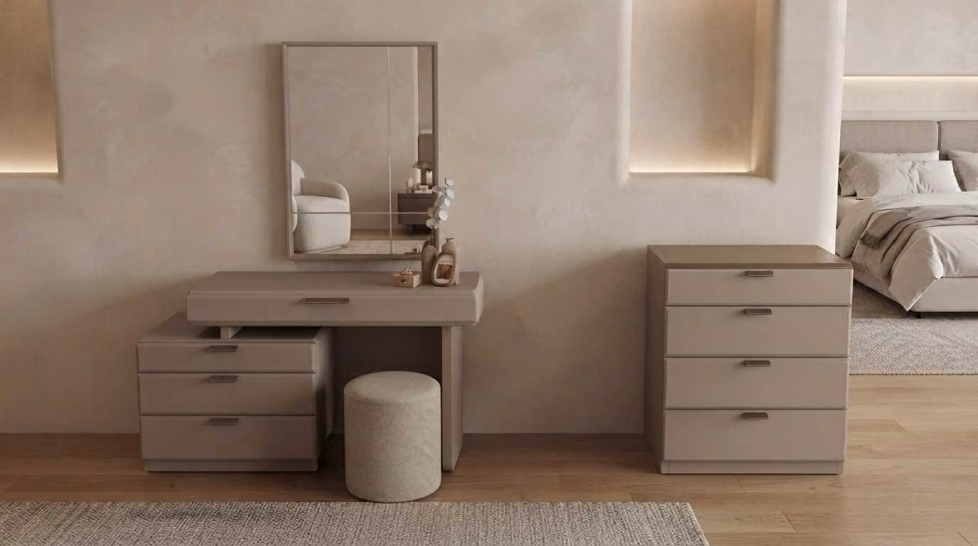 Comodino da trucco, specchio, sgabello, beige, moderno, elegante
