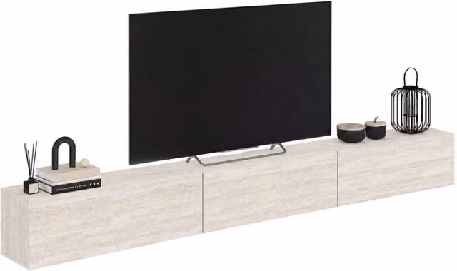 Mobile TV sospeso IDMarket ELIO con 3 ante, effetto travertino beige, L: 270 cm, P: 30 cm, H: 30 cm – 1
