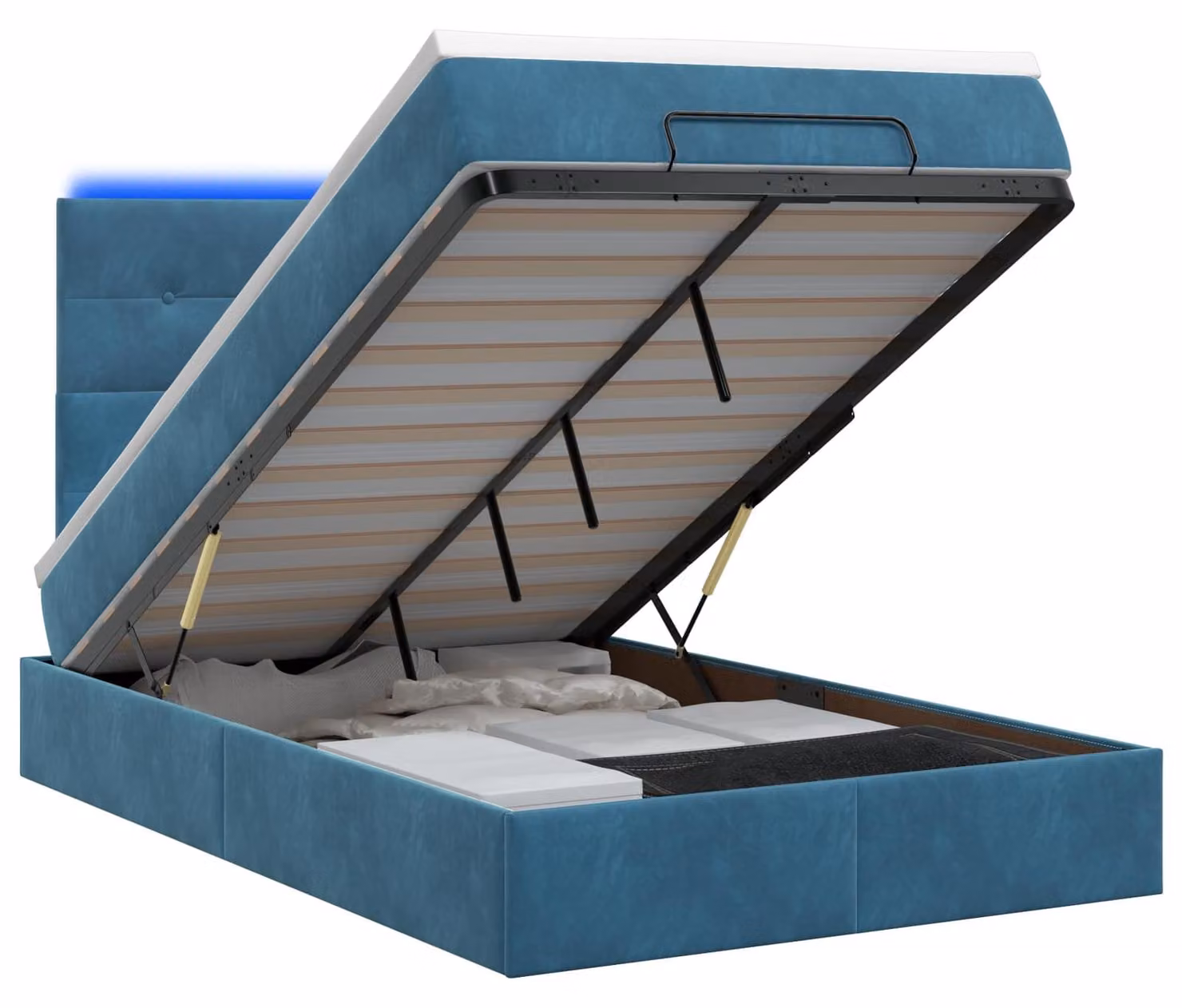 Panca contenitore con materasso e illuminazione LED, colore blu scuro, dimensioni 120 x 200 cm, rivestita in velluto