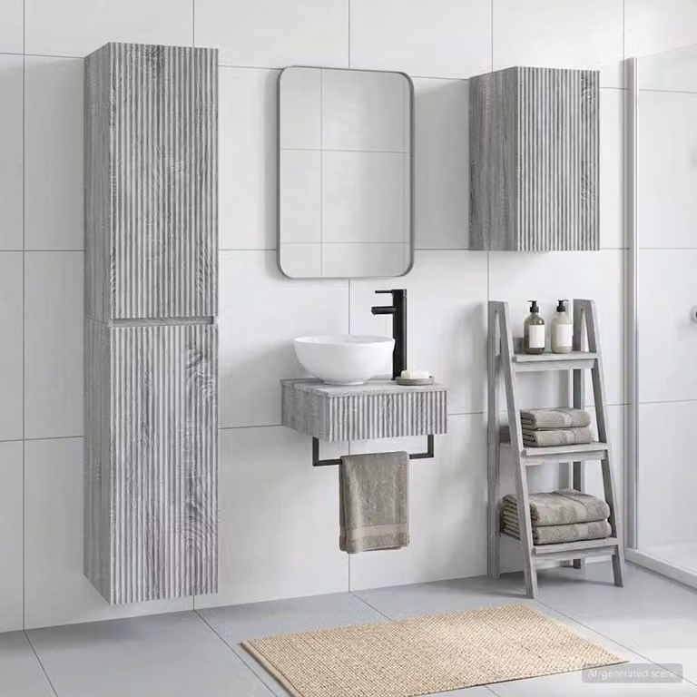 Set di mobili per il bagno moderno vidaXL in 3 pezzi grigio opaco con pensile e colonna alta