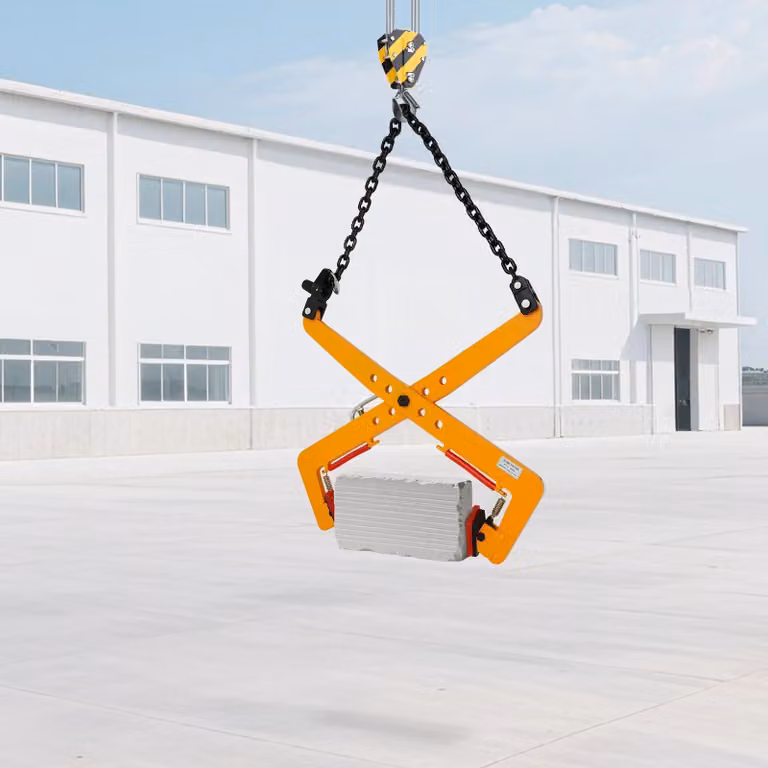 Pinza per sollevamento pietre - Pinza a forbice - Capacità di carico 500 kg - Apertura 33-70 cm - Regolabile - Acciaio legato, gomma - Per escavatori/gru - Giallo