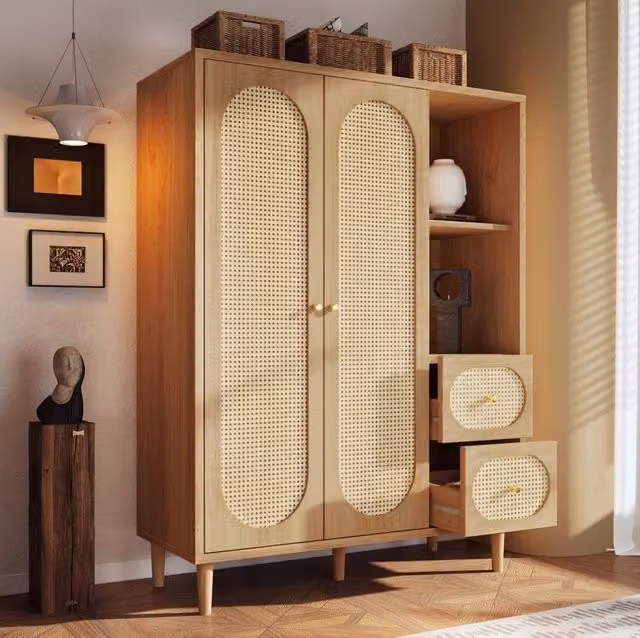 Armadio 161x120x48 cm in MDF e legno massello, 2 ante e 2 cassetti color rovere