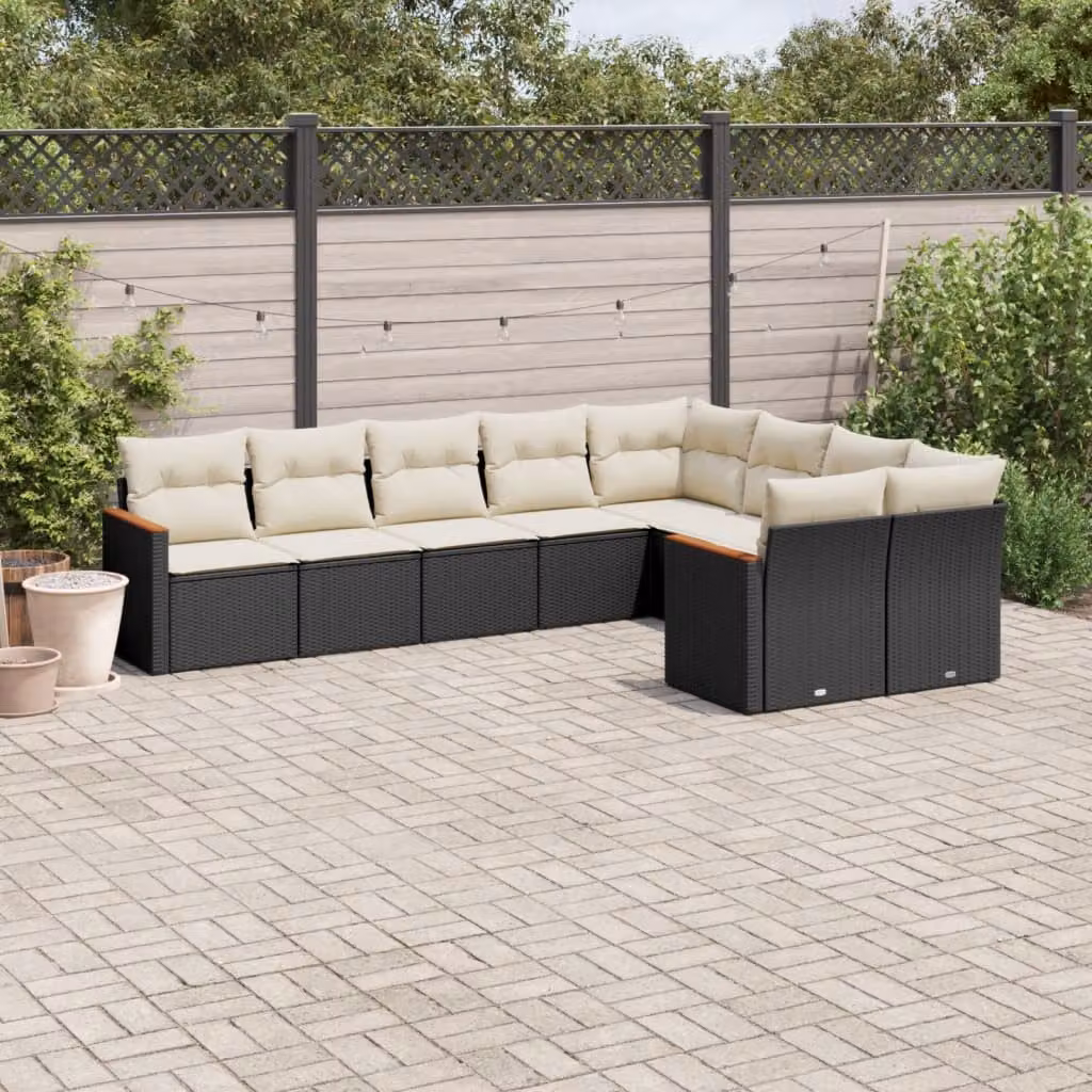 Set di divani da giardino vidaXL a forma di L composto da 9 pezzi in polyrattan nero con cuscini inclusi – 1