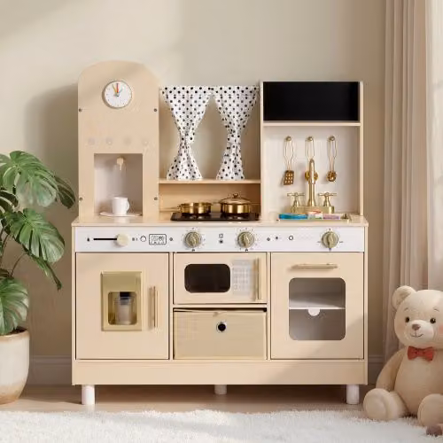 Cucina Giocattolo in Legno VEVOR Beige con Luci, Suoni e Accessori per Bambini
