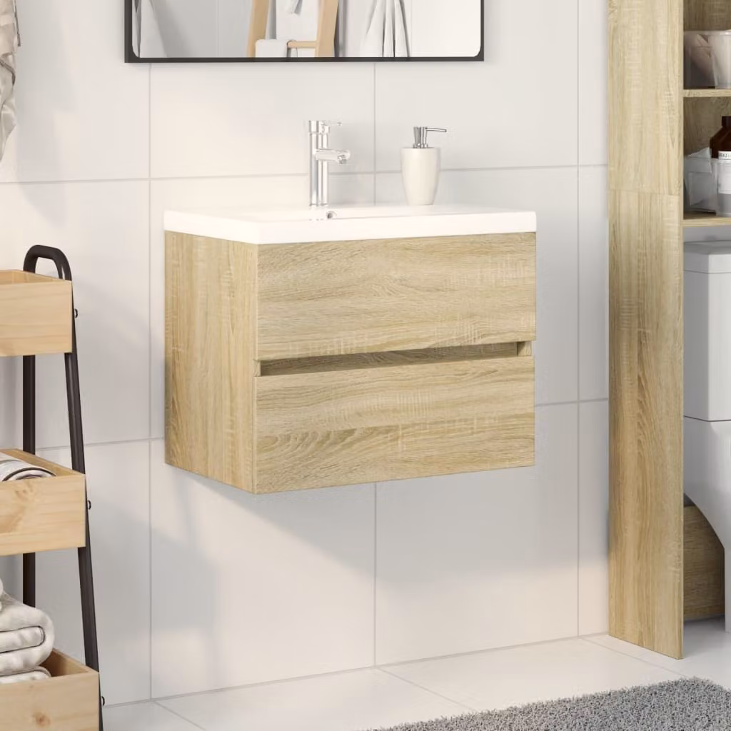 Set di mobili da bagno moderno vidaXL in ceramica e legno multistrato bianco e marrone, composto da 2 pezzi con vanità sospesa L: 60,0 cm, P: 38,5 cm, H: 45,0 cm