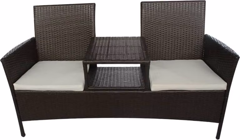 Divano da Giardino a 2 Posti con Tavolino in Polyrattan Marrone