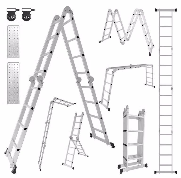 Scala multiuso in alluminio Ikodm 7in1, con 4 gradini, altezza circa 470 cm / 4,7 metri, scala pieghevole a pantografo con piattaforme, ruote e superficie antiscivolo, portata massima 150 kg