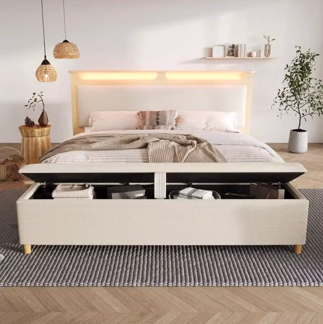 Letto Matrimoniale in Rovere Chiaro 140×200 cm con Testiera Contenitore, Illuminazione LED e Panca Rivestita in Velluto Beige, Incluso Materasso