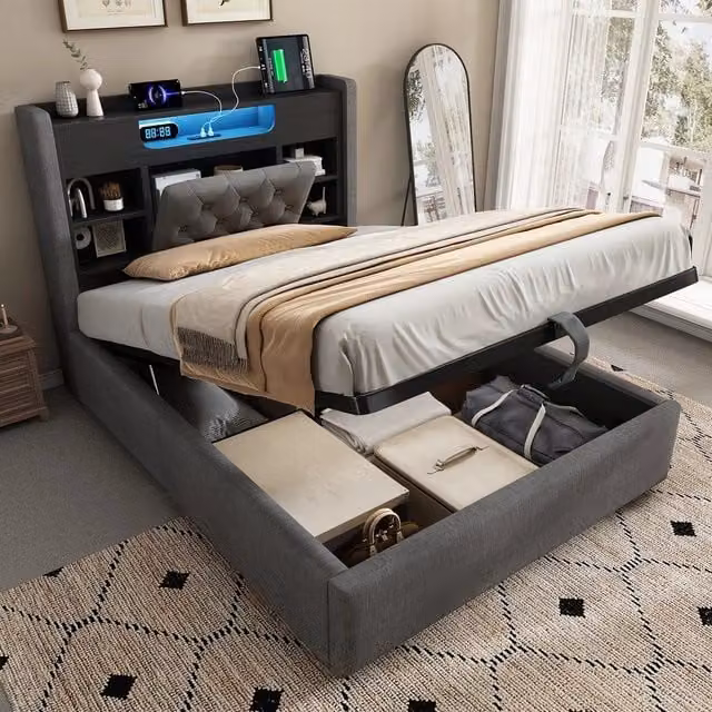Letto imbottito contenitore con LED ¨C Minimal ¨C Grigio tessuto 90x200cm idraulico