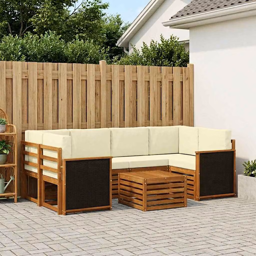 vidaXL Set di divani da esterno a L composto da 7 pezzi in legno di acacia con cuscini, colore beige e marrone