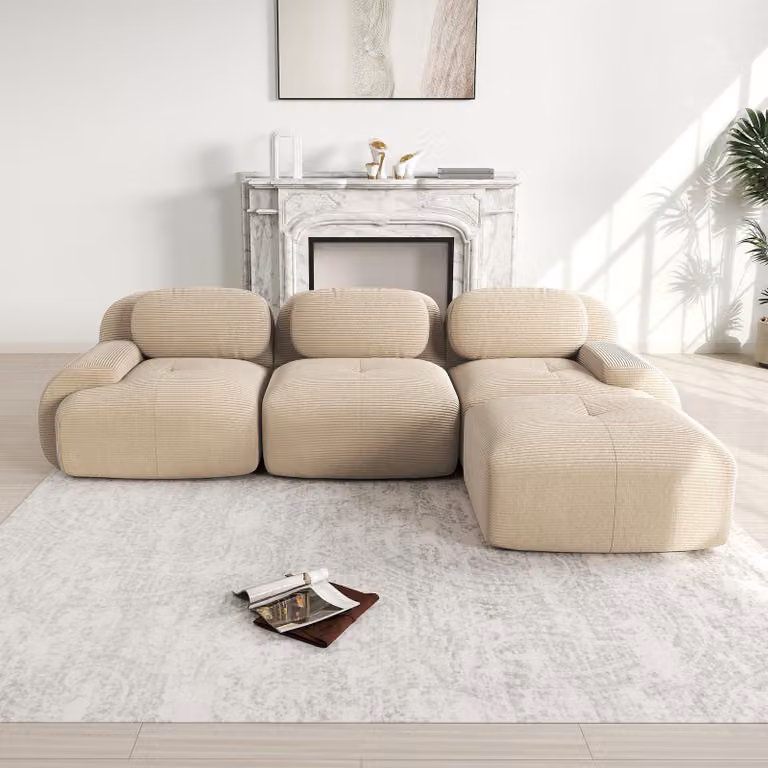 Divano angolare componibile Sweiko senza montaggio, ergonomico e adatto agli animali domestici, in tessuto a coste con braccioli extra larghi, rivestimento altamente elastico 32D per soggiorno e camera da letto, beige