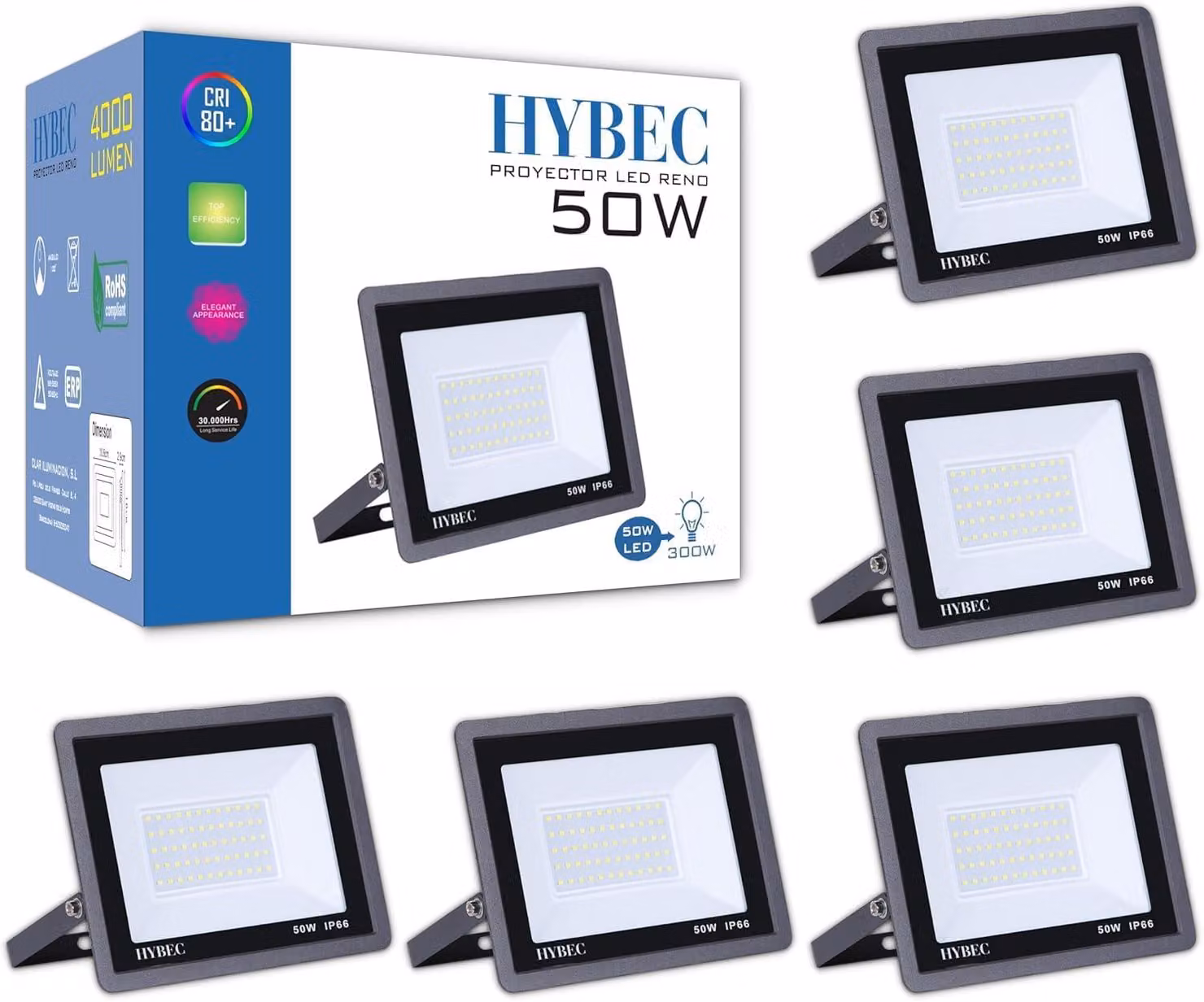 Faretto da costruzione a LED, 50W, set da 5 pezzi, luce bianca fredda, 6000K, grado di protezione IP66
