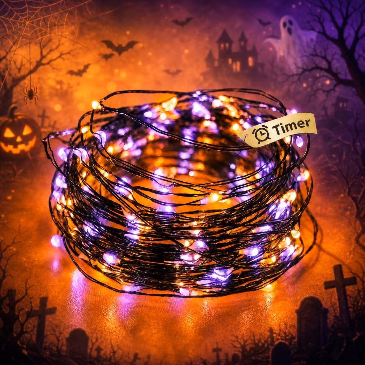 Catena luminosa a LED con timer, 30 luci, arancione/viola, per uso esterno