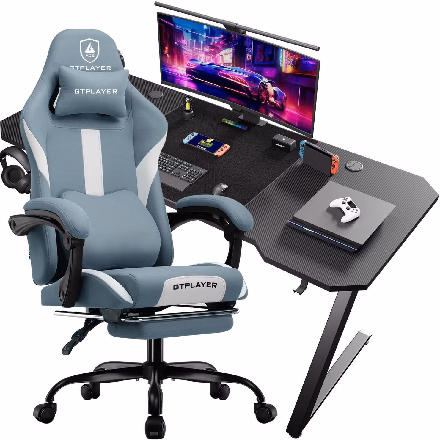 Set scrivania e sedia da gaming - Z12 + GT905 - Pelle + fibra di carbonio - Design minimalista - Montaggio richiesto - Blu navy