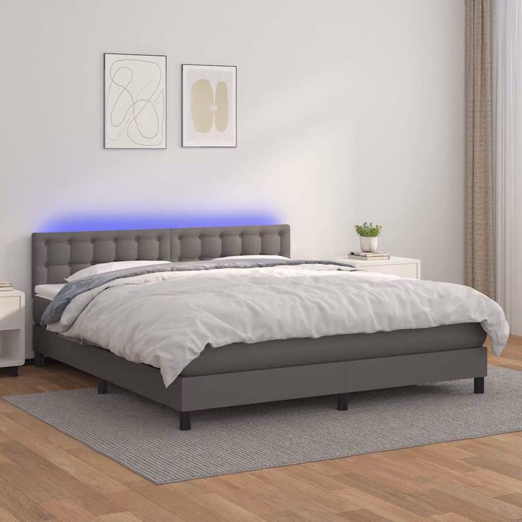 vidaXL Letto con Giroletto a Molle, Materasso Ibrido e Illuminazione LED, Grigio, 160 x 200 cm – 1