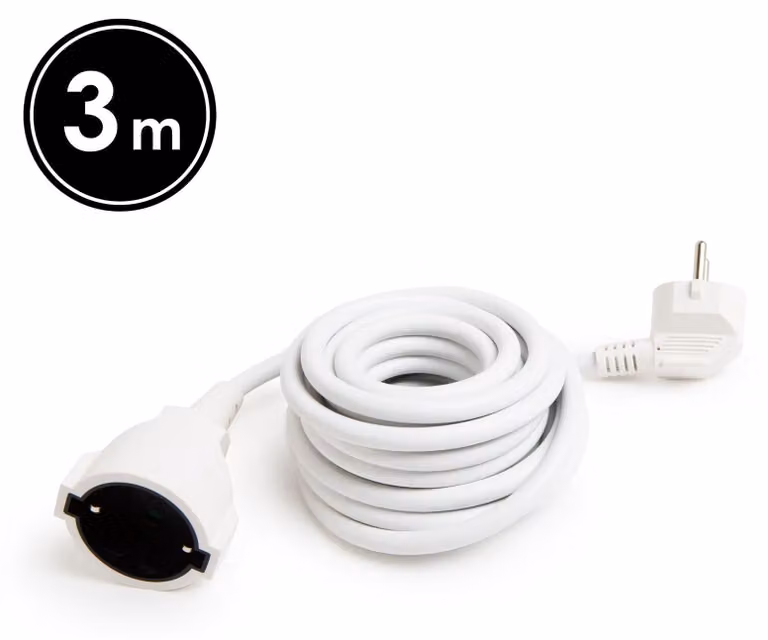 Cavo di prolunga - 3 m - Bianco - Spina a 90° - CEE 7/7 su Schuko CEE 7/4 - 3×1,5 mm² H05VV-F - 250 V CA - 10/16 A - IP20 - Per casa, ufficio e giardino - PVC resistente all'usura con isolamento spesso contro la rottura del cavo [20500 Wh]