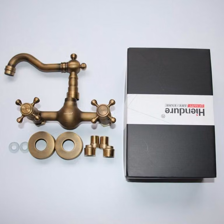 Rubinetto in ottone anticato - 2 maniglie - Bocchetta girevole a 360° - Valvola in Vetroceramica - Altezza 175 mm - Miscelatore