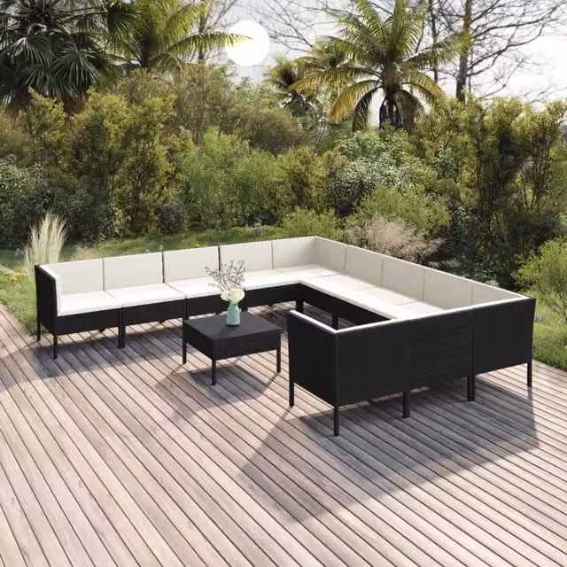 Set di Divani da Giardino a Forma di U con Tavolino da Caffè vidaXL, Colore Nero e Bianco, con Cuscini Inclusi e Rivestimenti Rimovibili