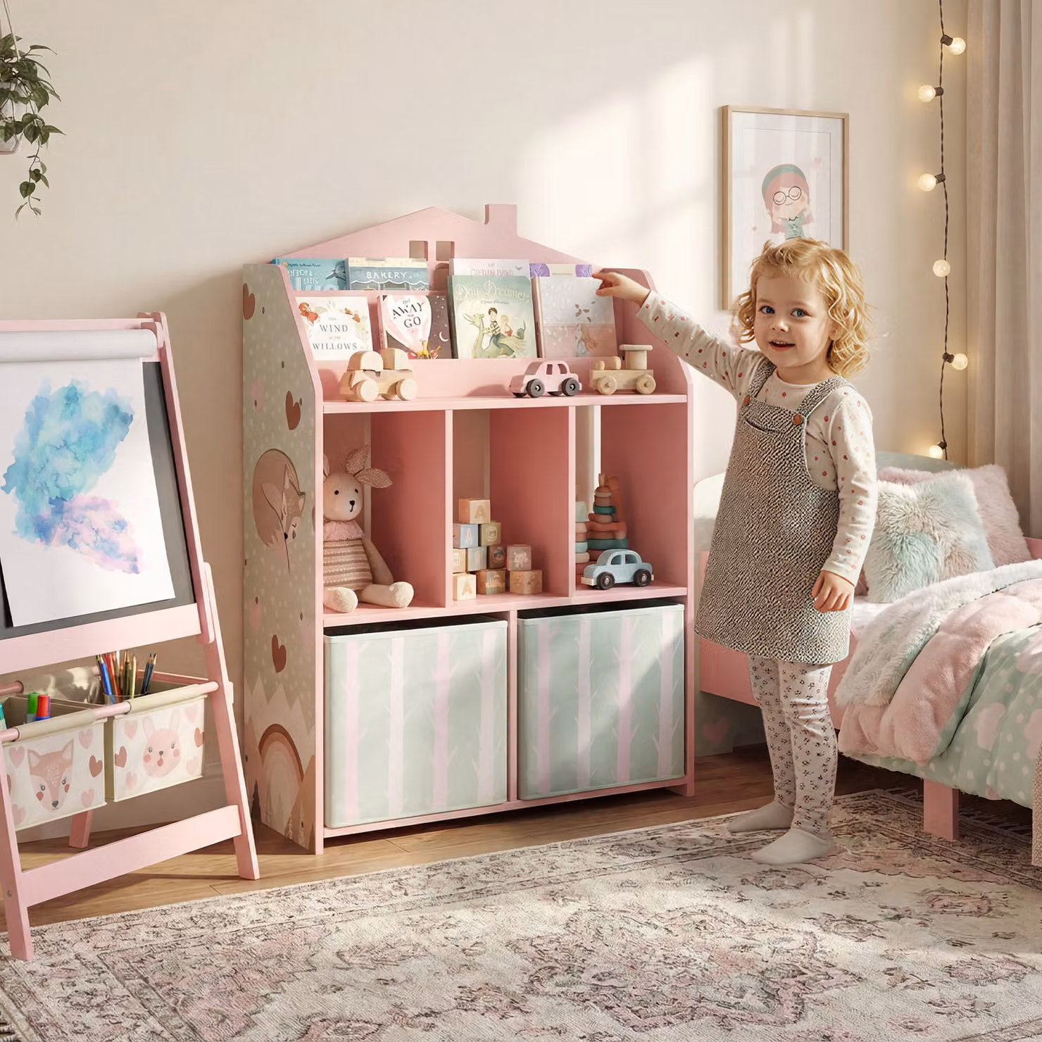 Scaffale Portagiochi AIYAPLAY per Cameretta dei Bambini in Legno FSC con 2 Contenitori in Tessuto Rimovibili, Rosa – 2