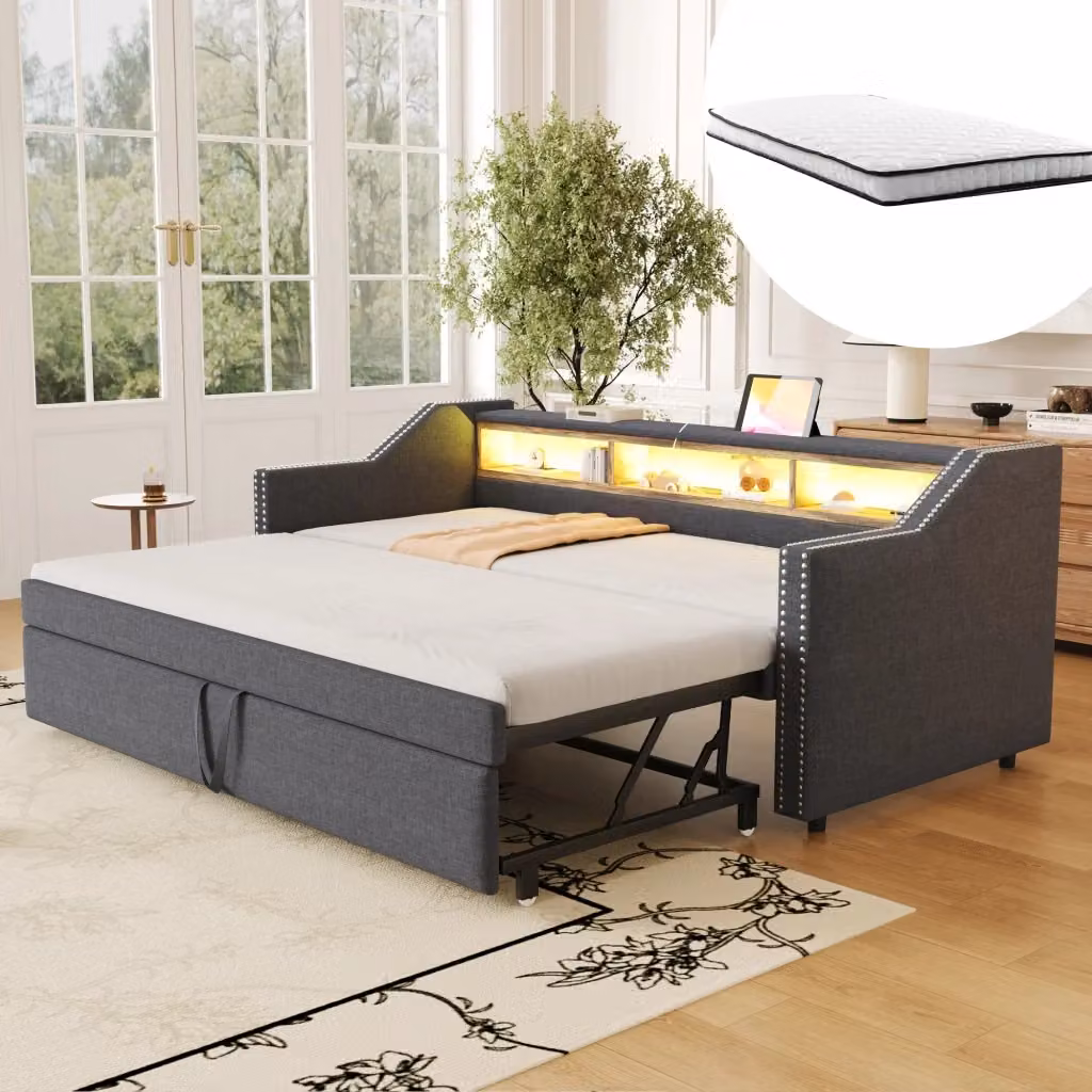Letto a Divanetto Singolo Stilvora con USB, LED e Compartimenti Laterali, Grigio, L: 90 cm, P: 190 cm – 2