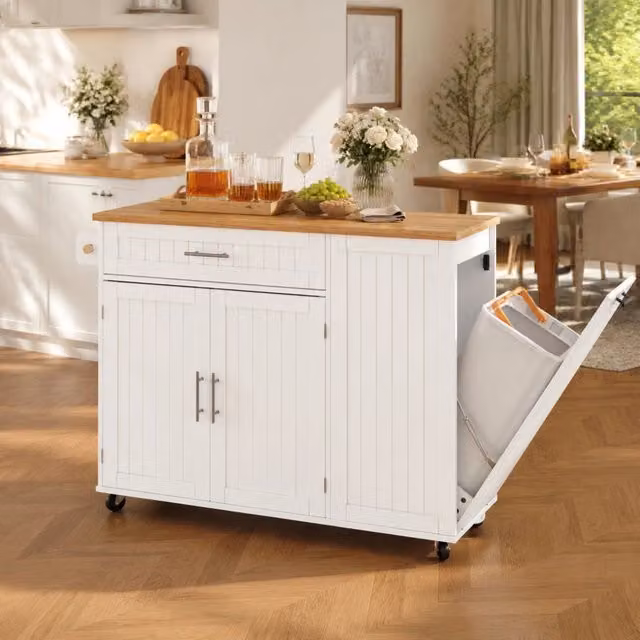 Carrello da cucina con piano pieghevole, cassetto e vano pattumiera, ruote bloccabili, bianco, 130 × 70 × 93 cm