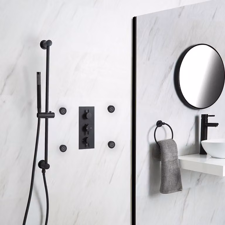 Sistema Doccia Termostatico Nero con Asta Saliscendi, Doccetta e Idrogetti (2 Vie) - Nox