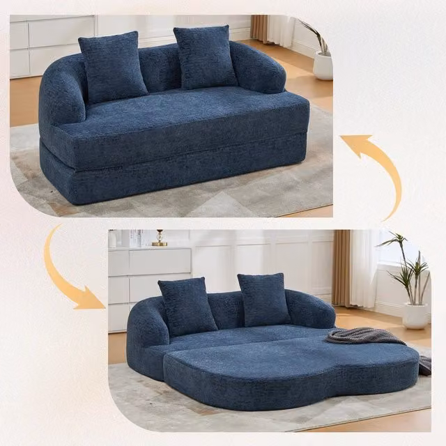 Divano letto 2 posti ¨C Minimal ¨C Chenille blu, con due cuscini