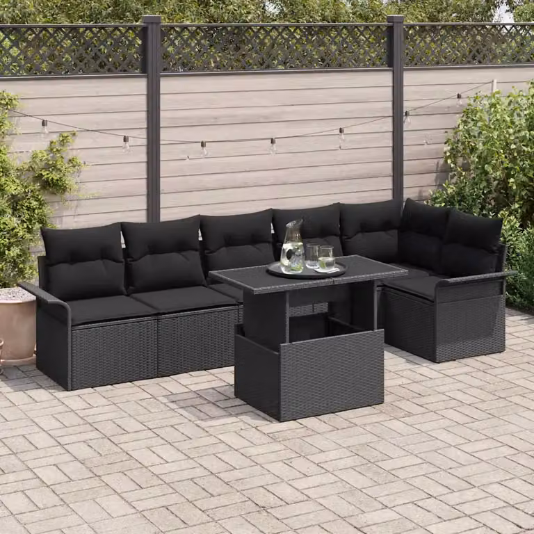 Set Divano da Giardino vidaXL 7 Pezzi in Polyrattan Nero con Cuscini e Tavolino