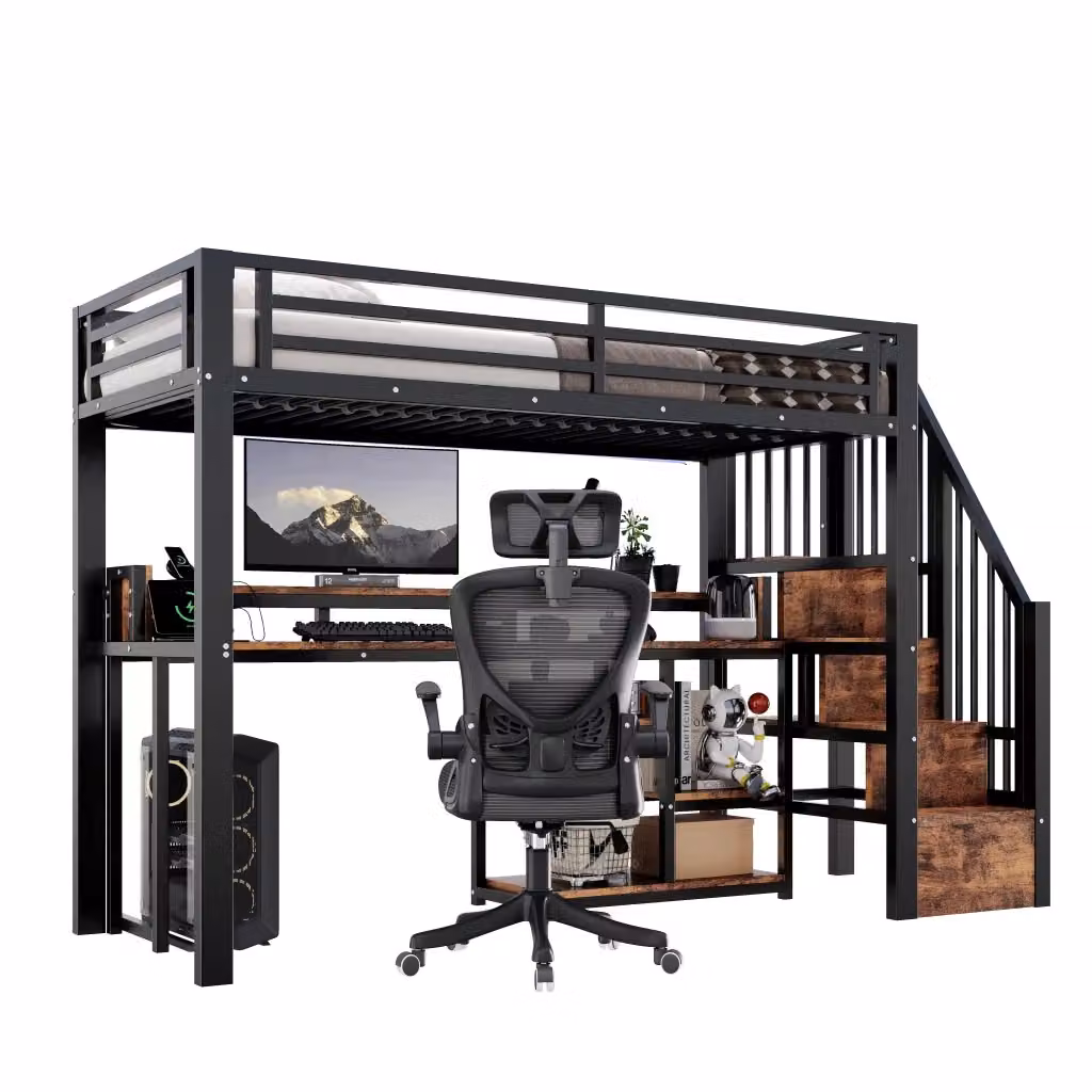 Letto a soppalco singolo Chicfurn in metallo e MDF nero con illuminazione LED, porte USB e Type-C e ripiani laterali, L/P/H: 90 x 200 x 160.5 cm – 2
