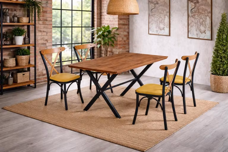Tavolo con 4 sedie, stile moderno, colore marrone, comodo, nuovo, forma rettangolare