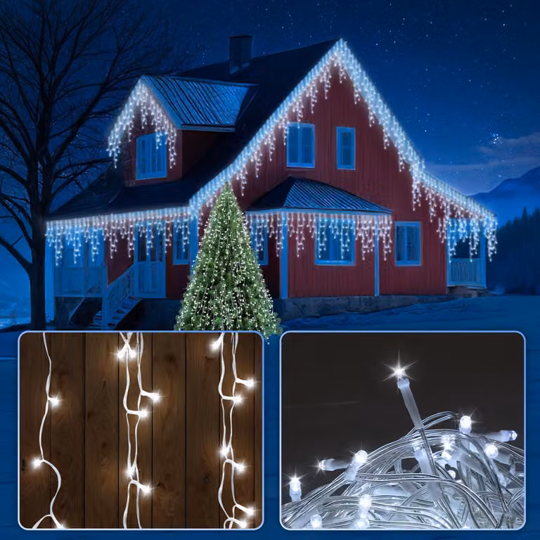 Ikodm, 200 LED, catena luminosa a forma di cristallo di ghiaccio, 5 metri, luce bianca fredda, 8 effetti luminosi con funzione di memorizzazione, decorazioni natalizie per finestre e feste