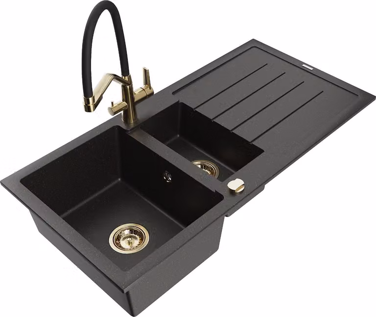 Mexen Andres lavello in granito 1,5 vasche con scolapiatti e rubinetto da cucina Duo, nero/oro metallizzato