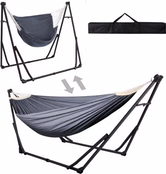 Sedia a Sostegno per Esterno 2 in 1 - Pieghevole - 200 kg Capacità - Tela Robusta - Sedia a Sostegno in Acciaio - Tasca Portatile Inclusa - per Esterno - Balcone - Terrazzo - Giardino - 180 x 130 cm - Nero