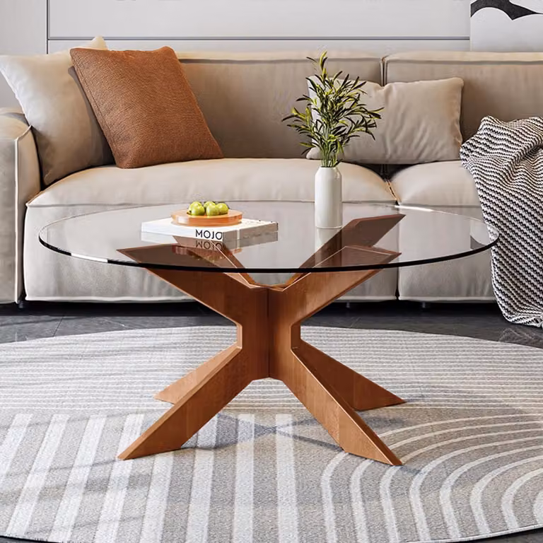 Tavolino da salotto, piano in vetro, gambe in legno, dimensioni 70x35 cm