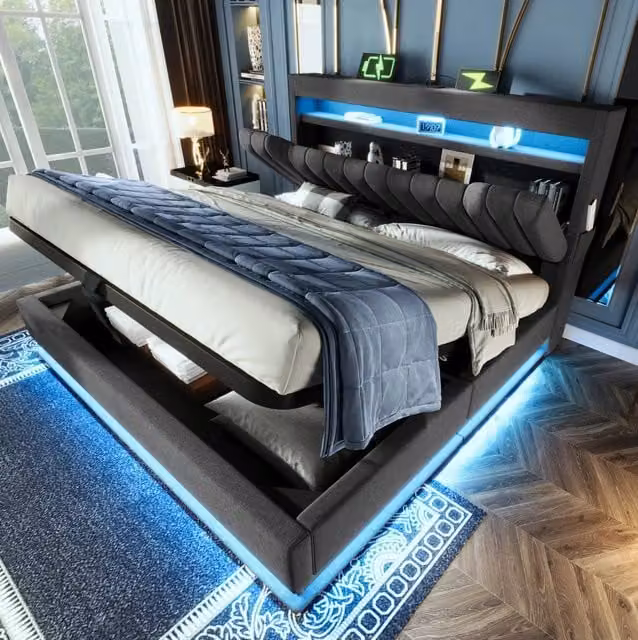 Letto matrimoniale 180x200 cm con contenitore idraulico; LED e USB; rivestito in lino grigio