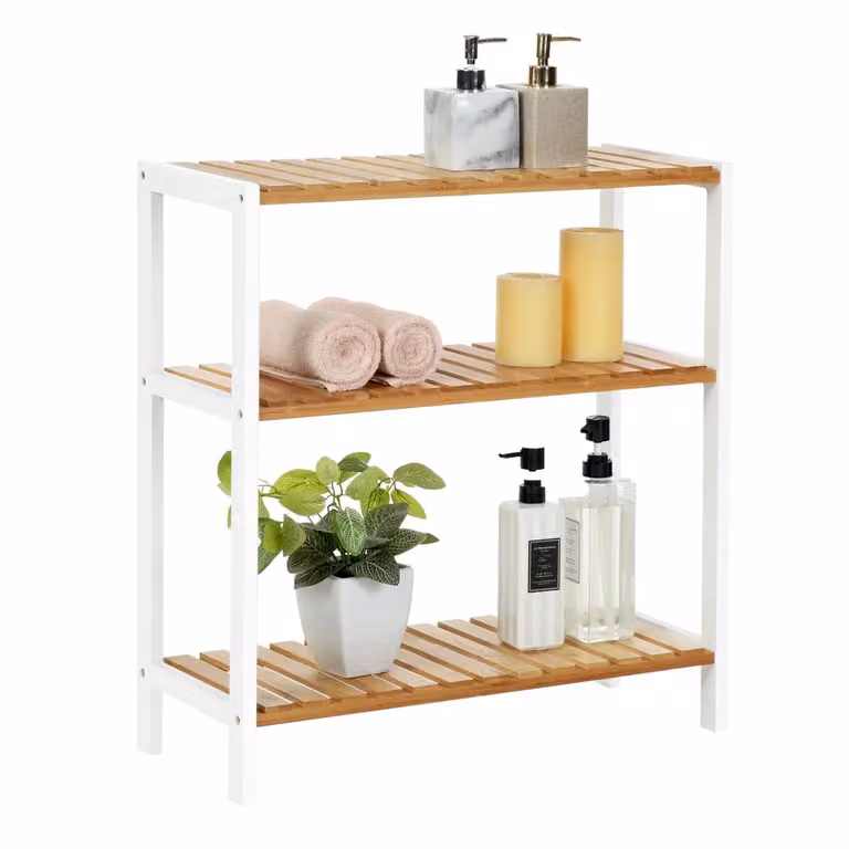 Scaffale Portaoggetti in Bambù, Bianco Nuvola + Beige Naturale