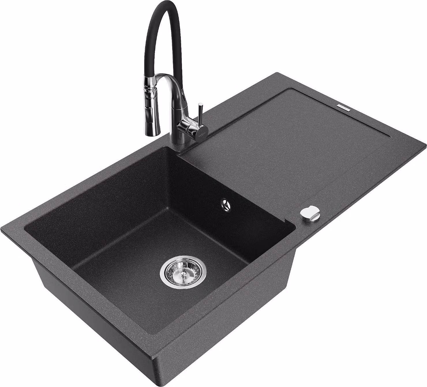 Mexen Leo lavello in granito a 1 vasca con scolapiatti e rubinetto da cucina Aster, nero maculato - 6501-76-73450-07