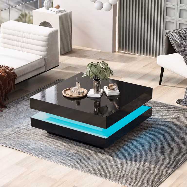 okwish tavolino quadrato nero 70 x 70 x 36 cm - stile moderno e tecnologico con illuminazione a LED a 16 colori, tavolino classico da salotto moderno ed elegante