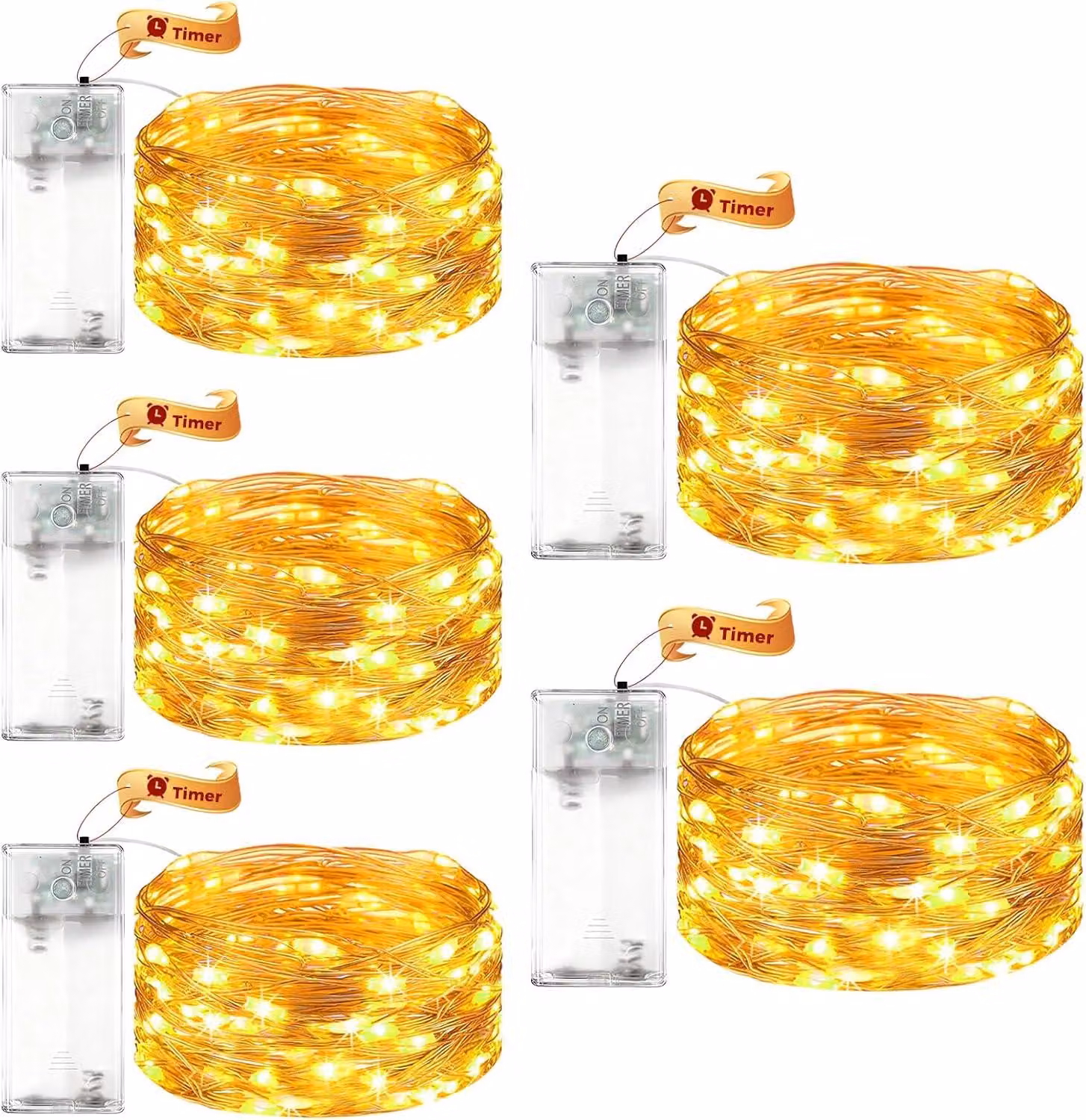 Catena luminosa da 2 metri - 5 luci, ciascuna con 20 LED - Alimentazione a batteria - Con timer - Luce bianco caldo - Ideale per Natale - Adatta per interni ed esterni