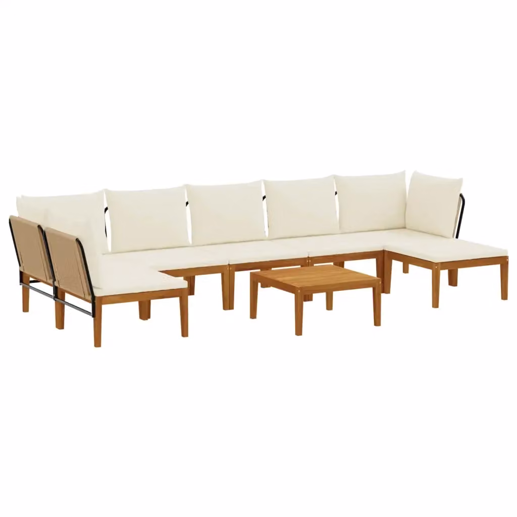 Set da giardino moderno vidaXL in legno di acacia con divano angolare a L, tavolino e pouf, colore beige e bianco – 2