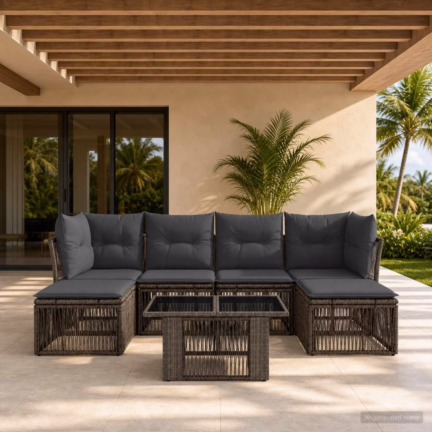 Set Divano da Giardino vidaXL 7 pz in Polyrattan Grigio con Cuscini e Tavolino da Esterno