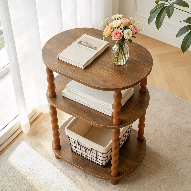 Tavolino basso e tavolino ausiliario marrone, dimensioni 30x40x58,5 cm, struttura in MDF, gambe in legno massello