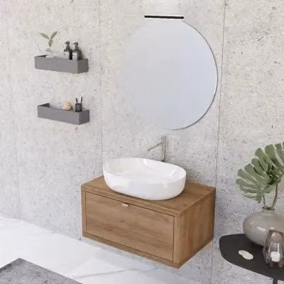 Mobile bagno sospeso Master INBAGNO in rovere color marrone con lavabo a bacinella, specchio tondo con illuminazione LED e ante con chiusura soft-close, Larghezza: 80 cm – 1